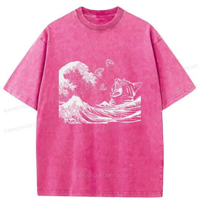 Tokyo-Tiger Wave And Cat Japanese Washed T-Shirt