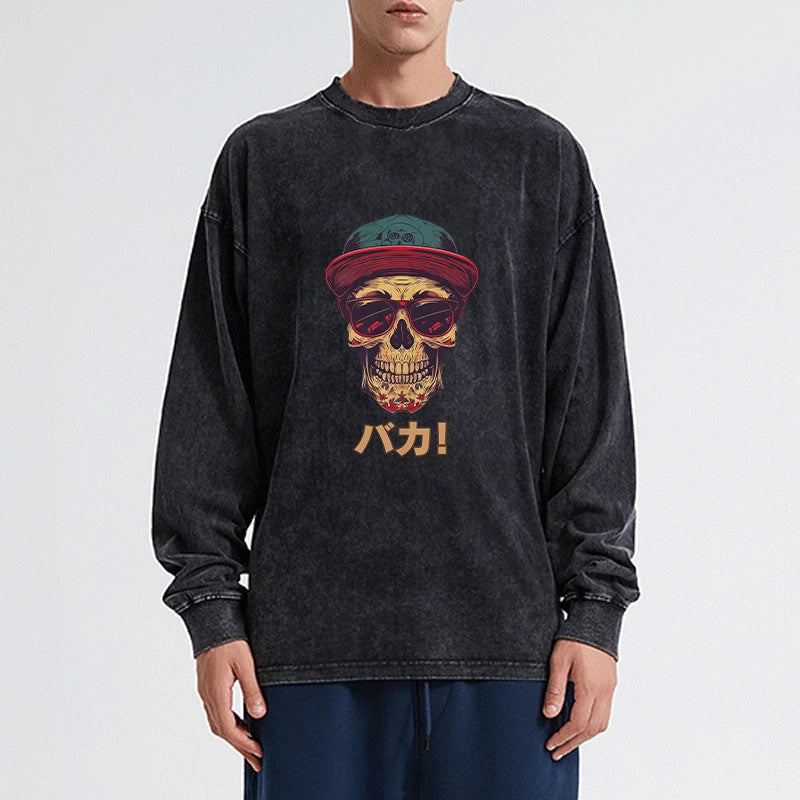 Tokyo-Tiger Fashion Skull Japanese Washed Long Sleeve T-Shirt