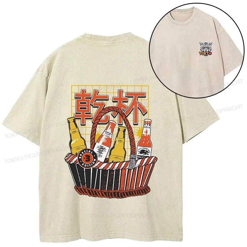 Tokyo-Tiger Have A Beer Together Front Back Washed T-Shirt