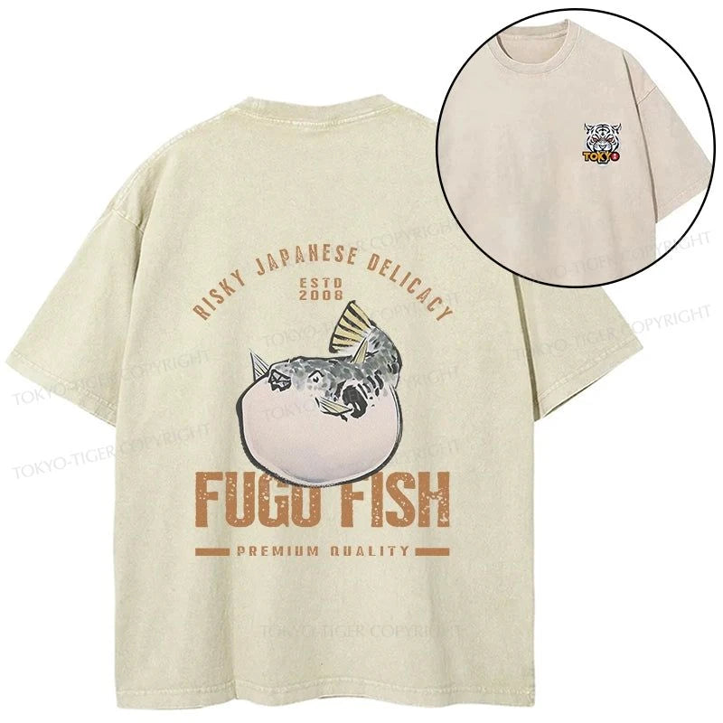 Tokyo-Tiger Fugu Fish Japanese Front Back Washed T-Shirt