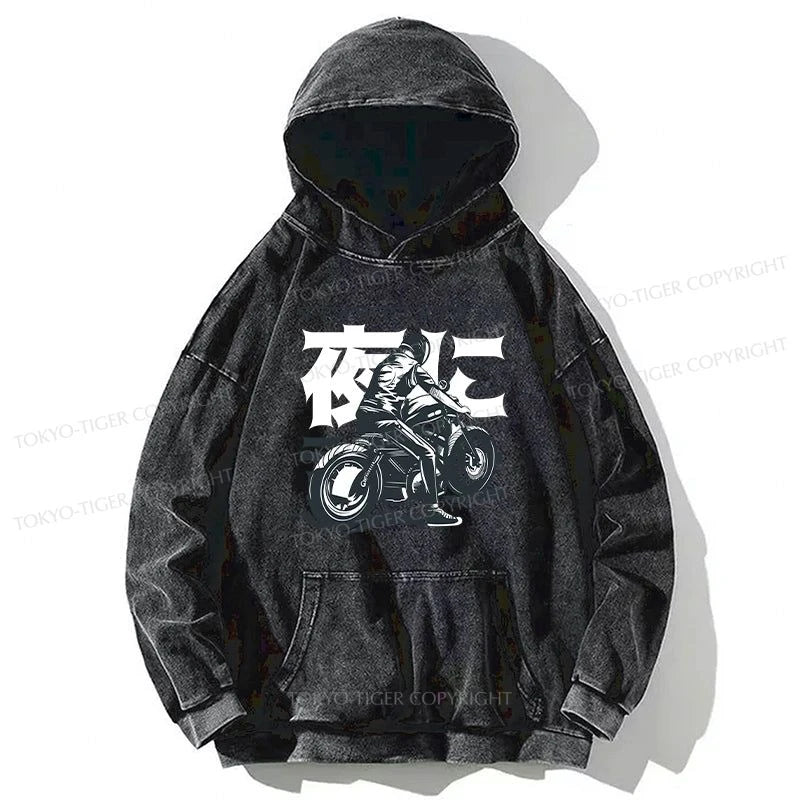 Tokyo-Tiger Motorcyclist Japanese Night Rider Washed Hoodie