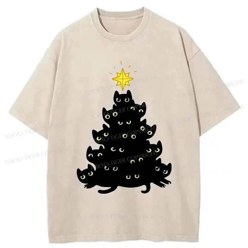 Tokyo-Tiger Black Cat Christmas Tree Washed T-Shirt