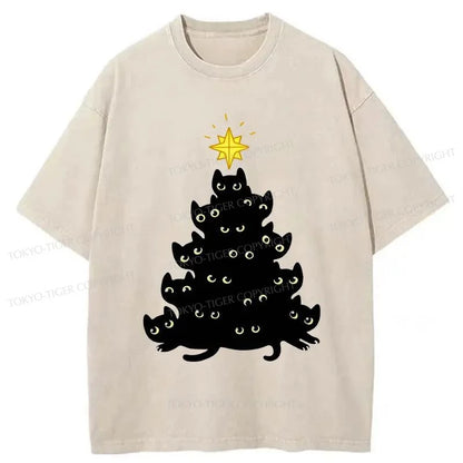 Tokyo-Tiger Black Cat Christmas Tree Washed T-Shirt