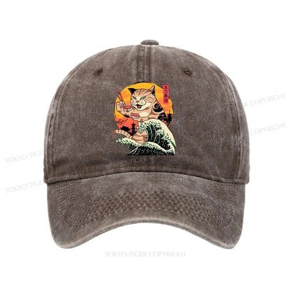 Tokyo-Tiger CatZilla Eating Sushi Japanese Wave Washed Cap