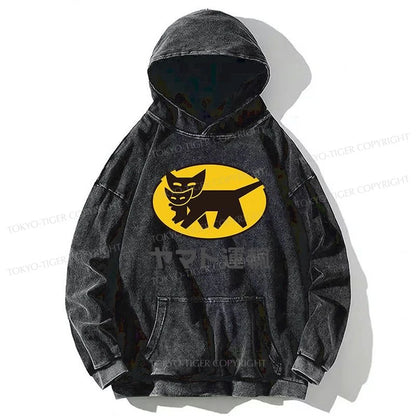 Tokyo-Tiger Black Cat Transport Pattern Japanese Washed Hoodie