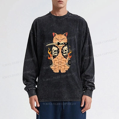 Tokyo-Tiger Catana Cat Skull Tattooed Samurai Washed Long Sleeve T-Shirt