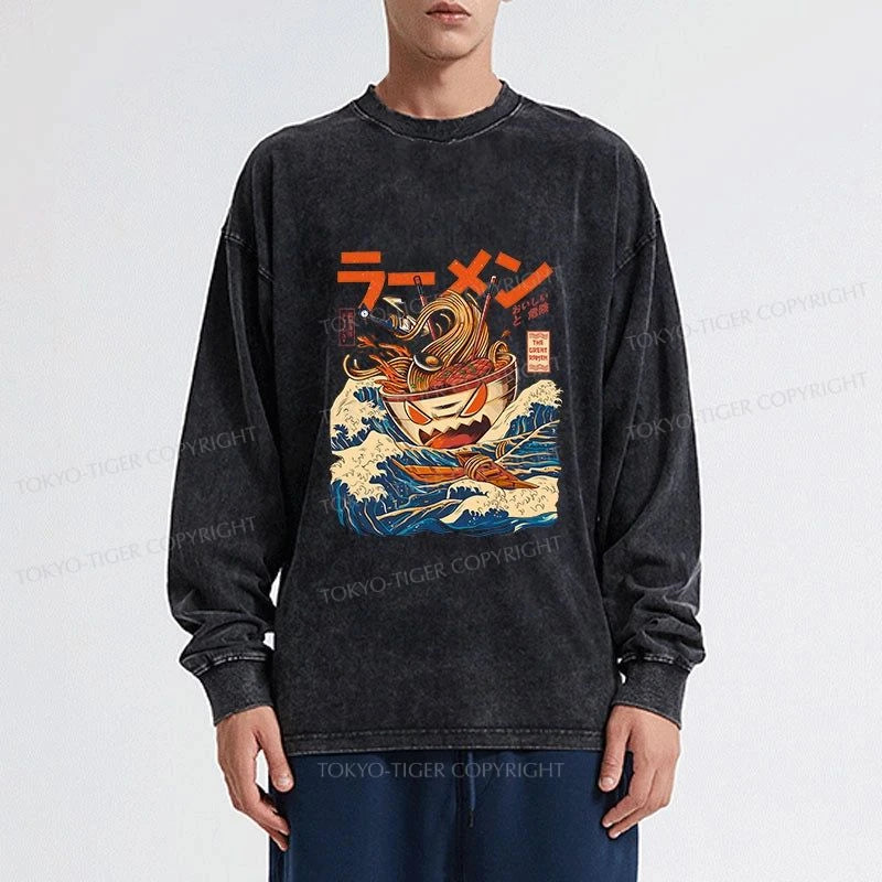 Tokyo-Tiger The Great Wave Ramen Kaiju Washed Long Sleeve T-Shirt