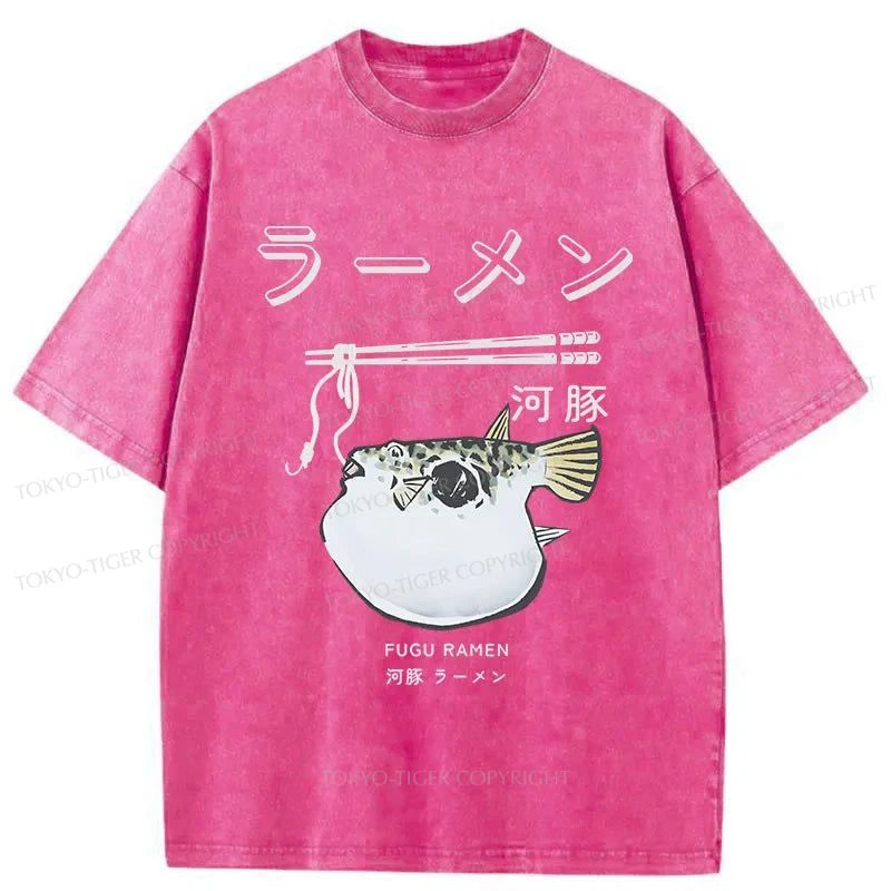 Tokyo-Tiger Pufferfish Eat Ramen Washed T-Shirt