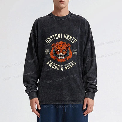 Tokyo-Tiger Japanese Hattori Hanzo Prints Washed Long Sleeve T-Shirt