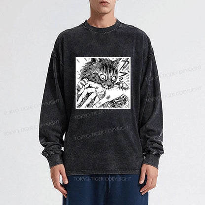 Tokyo-Tiger Creepy Cat Anime Horror Anteater Washed Long Sleeve T-Shirt