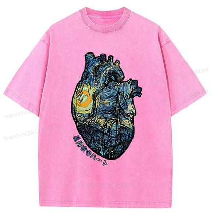 Tokyo-Tiger Van Gogh Starry Night Sky Heart Japanese Washed T-Shirt