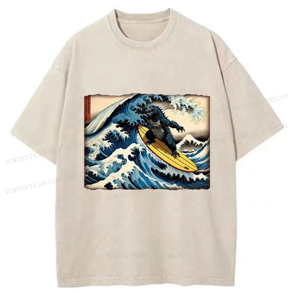 Tokyo-Tiger Dinosaur Surfing Japanese Washed T-Shirt