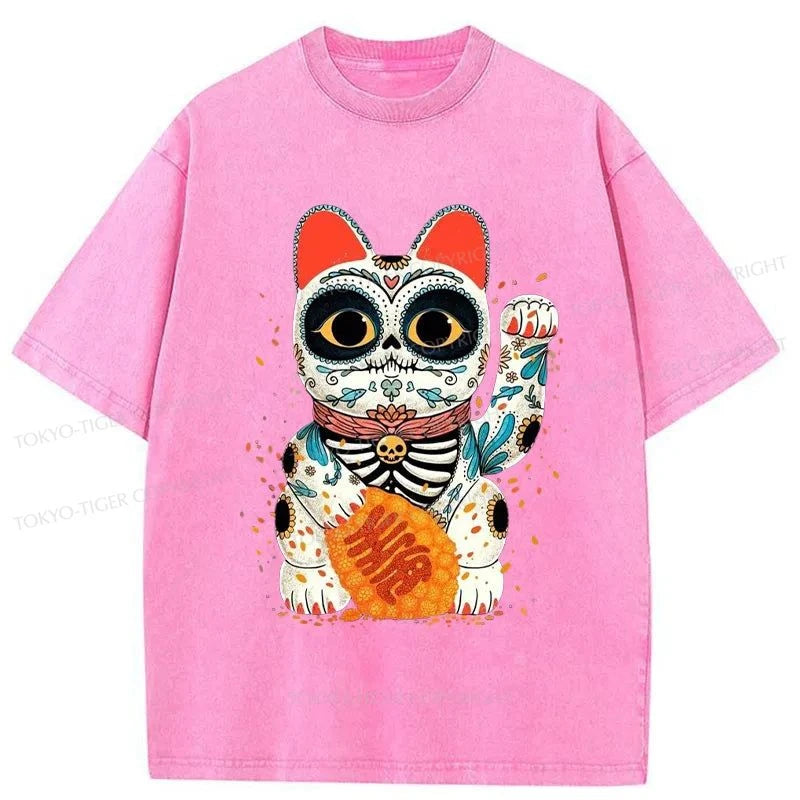 Tokyo-Tiger Skeleton Lucky Cat Washed T-Shirt