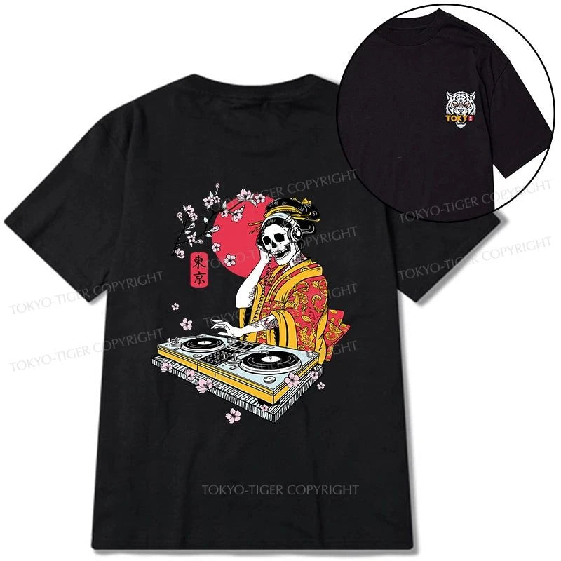 Tokyo-Tiger Japanese Geisha DJ Skull Front Back Classic T-Shirt