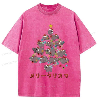 Tokyo-Tiger Moo Deng Christmas Tree Japanese Washed T-Shirt