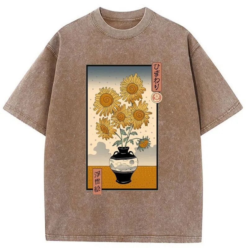 Tokyo-Tiger Sunflowers Ukiyo-e Washed T-Shirt