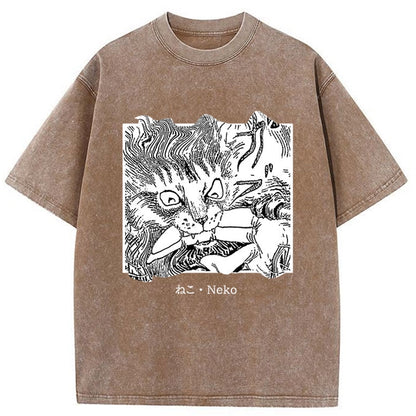 Tokyo-Tiger Neko Manga Horror Washed T-Shirt