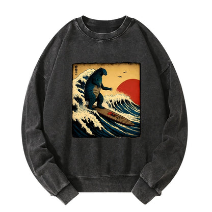 Tokyo-Tiger The Great Wave Godzilla Washed Sweatshirt