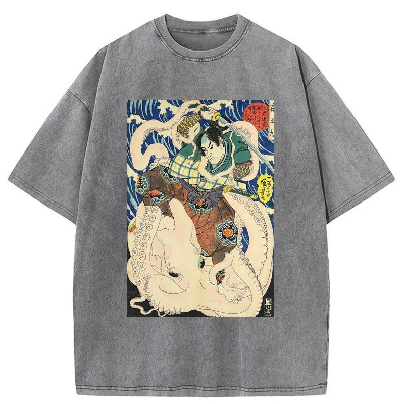 Tokyo-Tiger Ukiyo-e Samurai Octopus Washed T-Shirt
