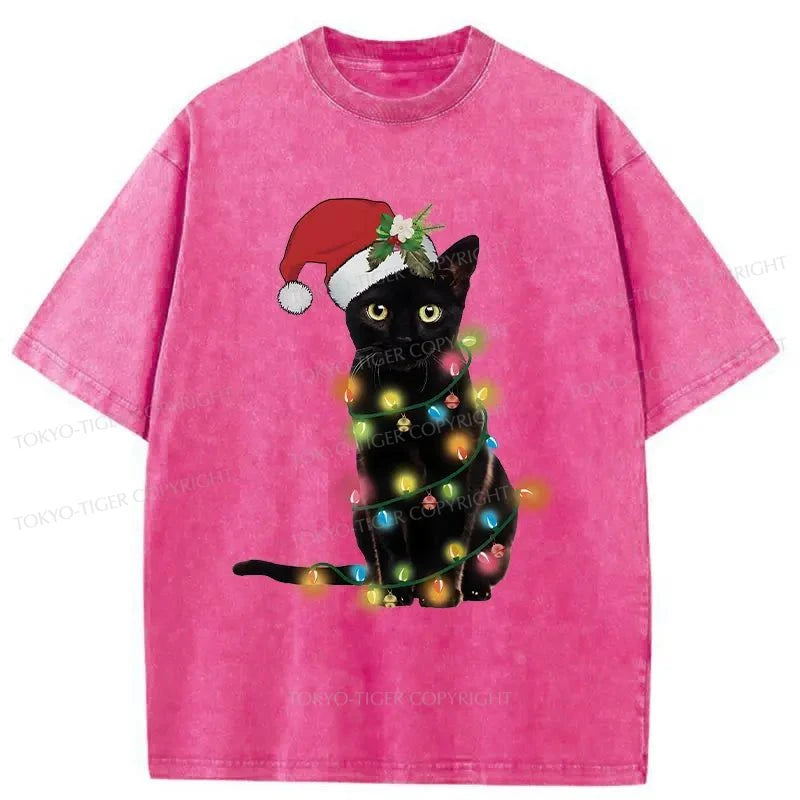 Tokyo-Tiger Cute Black Cat Christmas Washed T-Shirt