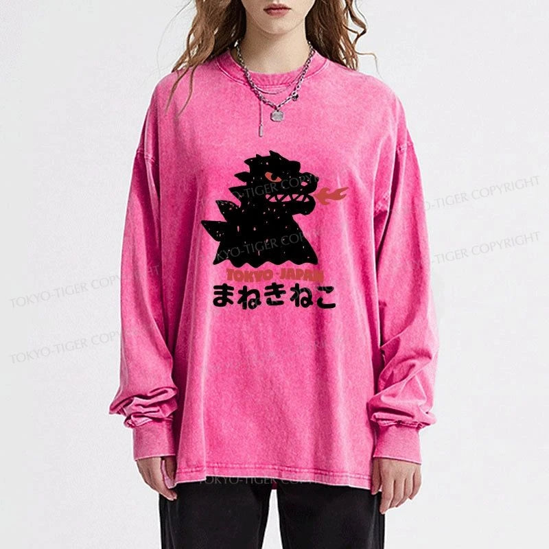 Tokyo-Tiger Japanese Fortune Cat Washed Long Sleeve T-Shirt