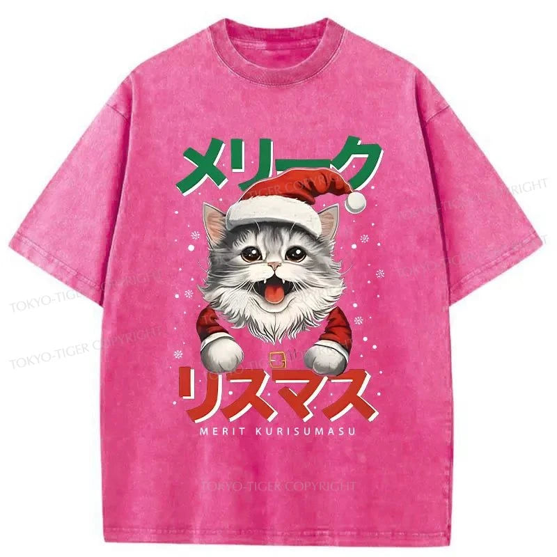 Tokyo-Tiger Cute Christmas Cat Washed T-Shirt