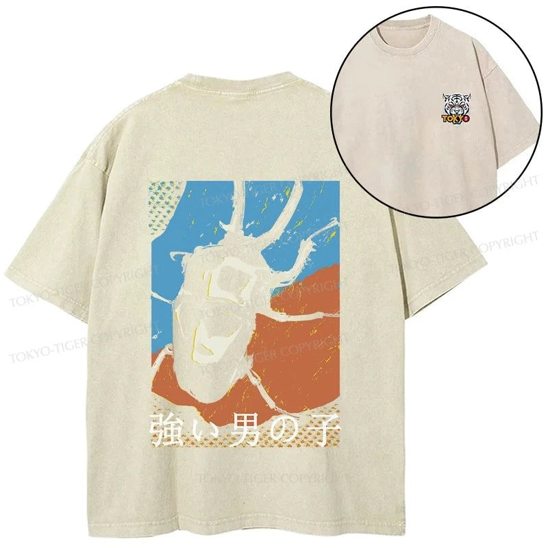 Tokyo-Tiger Strong Beetle Japanese Front Back Washed T-Shirt