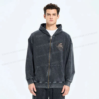 Tokyo-Tiger Octopus Japanese Calligraphy Washed Zip Hoodie