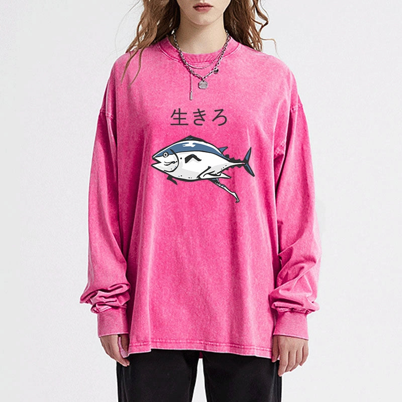 Tokyo-Tiger Running Fish Washed Long Sleeve T-Shirt