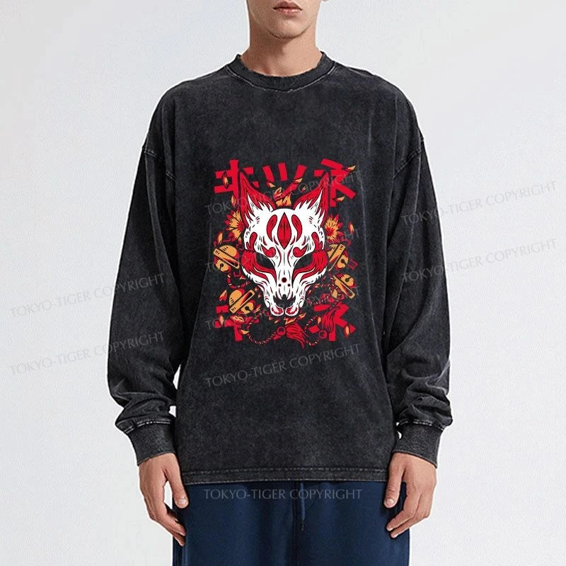 Tokyo-Tiger Japanese Kitsune Mask Washed Long Sleeve T-Shirt