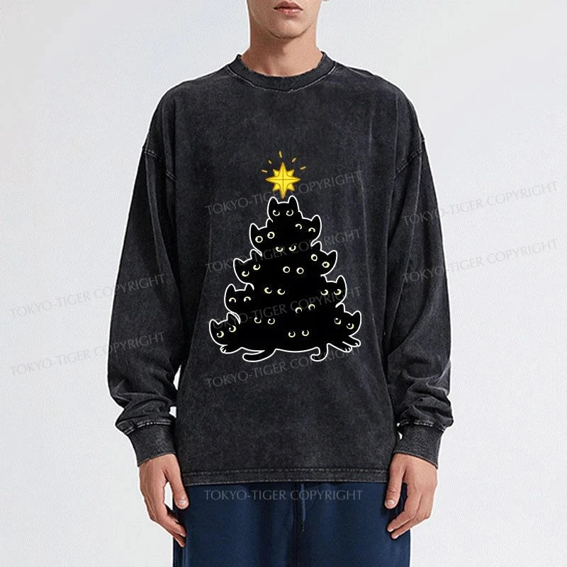 Tokyo-Tiger Black Cat Christmas Tree Washed Long Sleeve T-Shirt