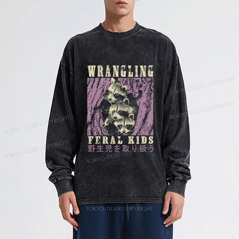 Tokyo-Tiger Wrangling Feral Raccoon Kids Washed Long Sleeve T-Shirt