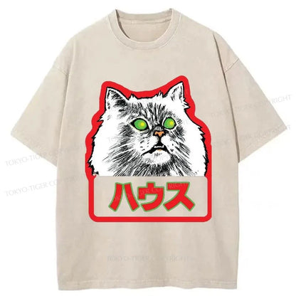 Tokyo-Tiger Residential White Cat Japanese Washed T-Shirt