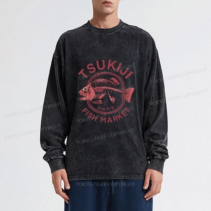 Tokyo-Tiger Tokyo Tsukiji Fish Market Vintage Japan Washed Long Sleeve T-Shirt