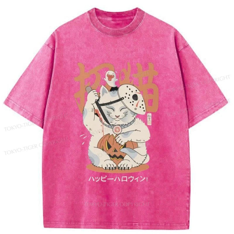 Tokyo-Tiger Halloween Cat Maneki Neko Japanese Washed T-Shirt