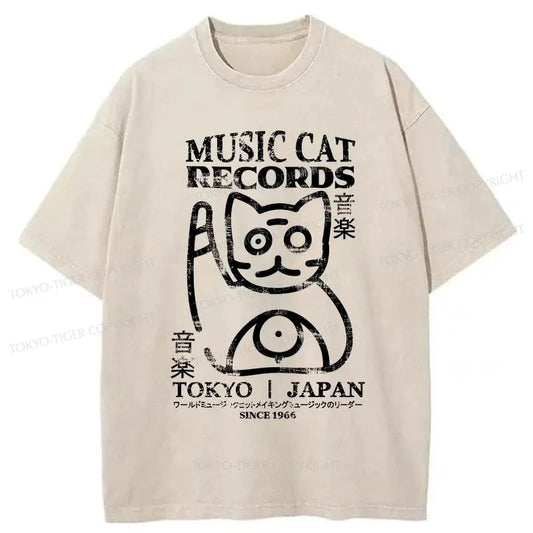 Tokyo-Tiger Music Cat Japanese Washed T-Shirt