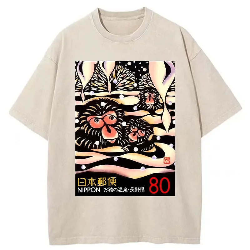 Tokyo-Tiger Monkeys Postage Stamp Japanese Washed T-Shirt