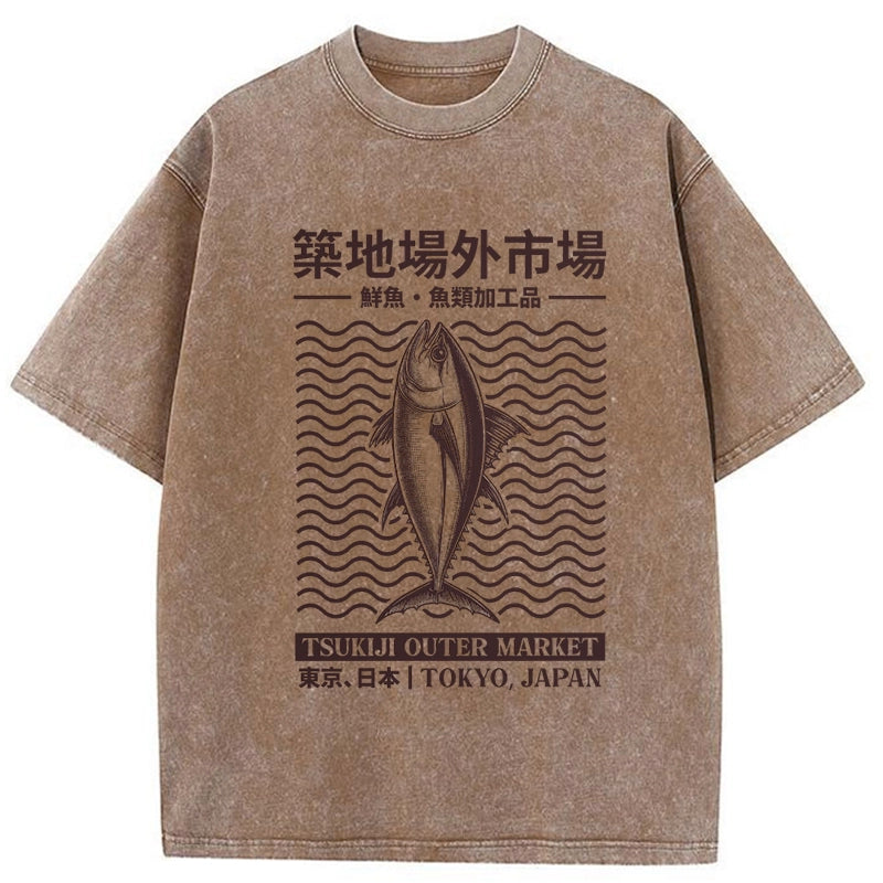 Tokyo-Tiger Wave Tokyo Tsukiji Fish Market Japan Washed T-Shirt
