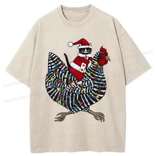 Tokyo-Tiger Christmas Cat Riding Chicken Washed T-Shirt