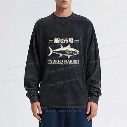 Tokyo-Tiger Retro Tsukiji Fish Market Streetwear Tokyo Washed Long Sleeve T-Shirt