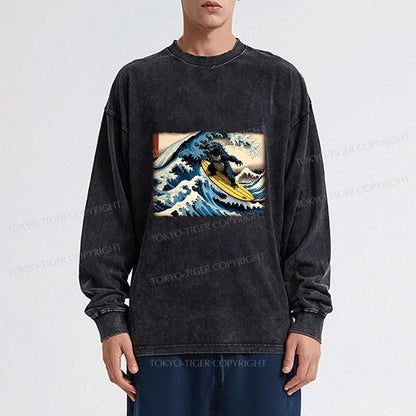 Tokyo-Tiger Dinosaur Surfing Japanese Washed Long Sleeve T-Shirt