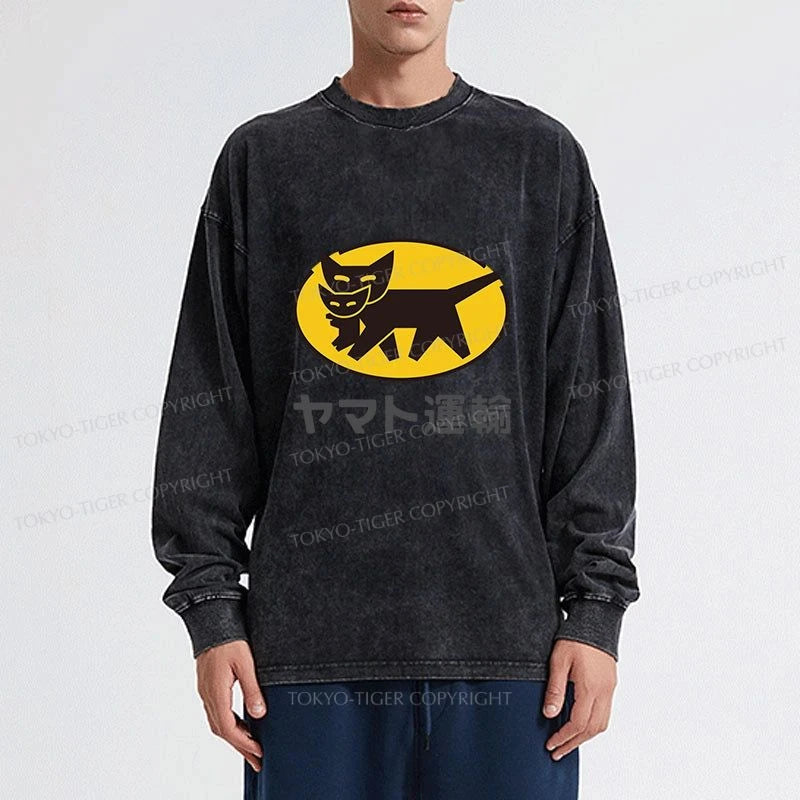 Tokyo-Tiger Black Cat Transport Pattern Japanese Washed Long Sleeve T-Shirt