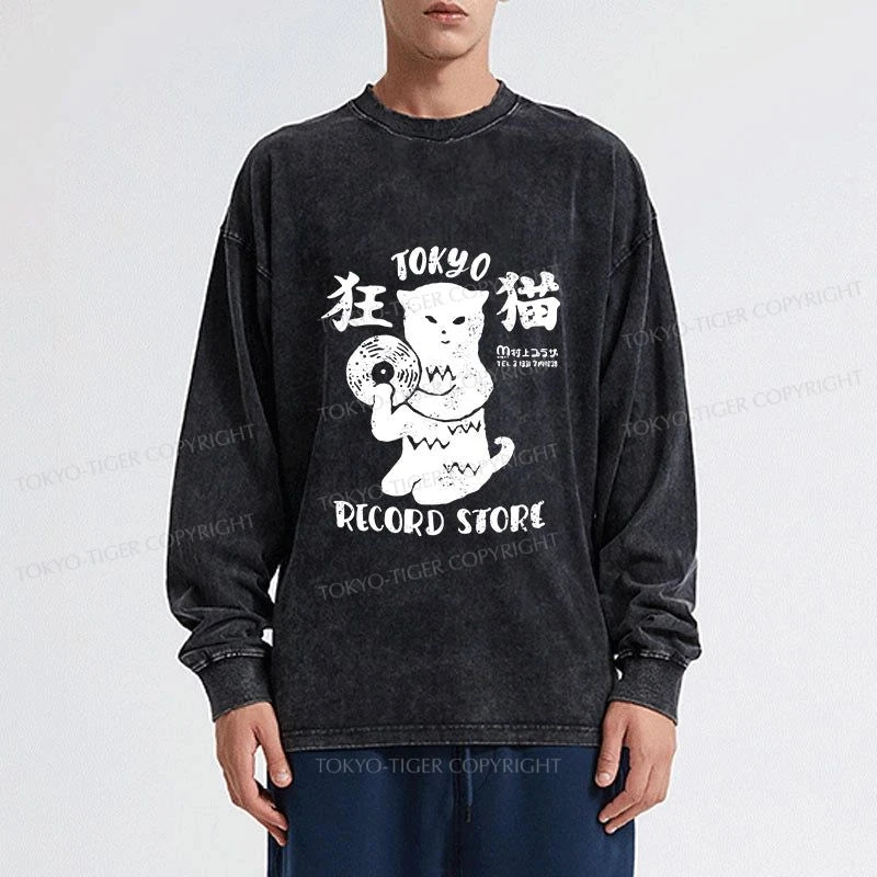 Tokyo-Tiger Tokyo Record Store Cat CD Washed Long Sleeve T-Shirt