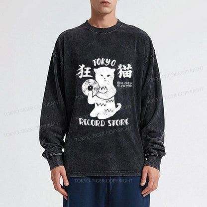 Tokyo-Tiger Tokyo Record Store Cat CD Washed Long Sleeve T-Shirt