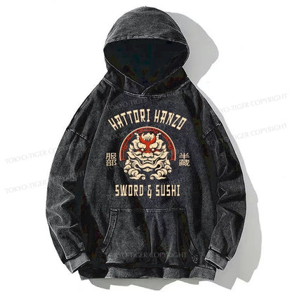 Tokyo-Tiger Hattori Hanzo Sword And Sushi Japanese Washed Hoodie