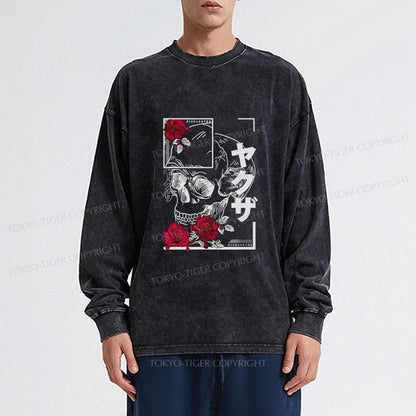 Tokyo-Tiger Skull Roses Japanese Aesthetic Washed Long Sleeve T-Shirt