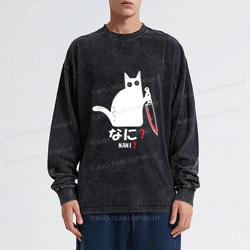 Tokyo-Tiger A Puzzled Cat Holding A Knife Washed Long Sleeve T-Shirt