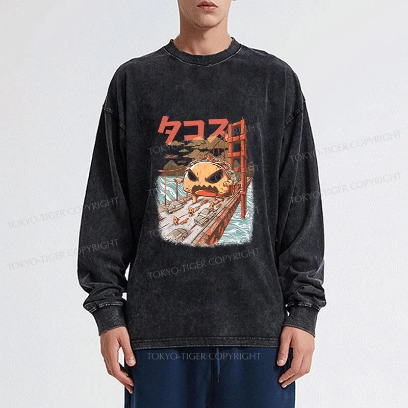 Tokyo-Tiger The Great Taco Kaiju Japanese Washed Long Sleeve T-Shirt