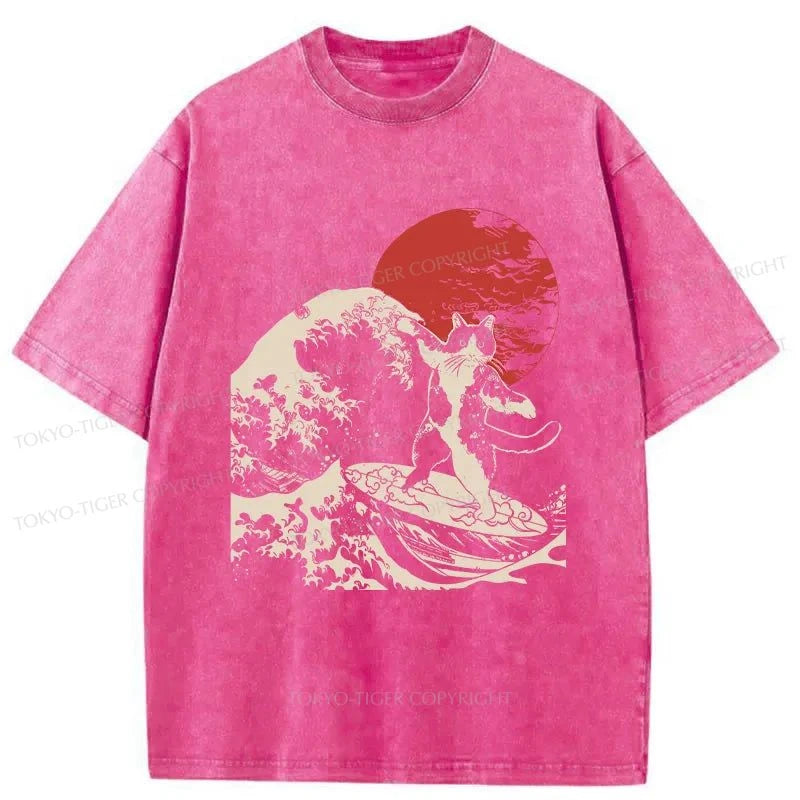 Tokyo-Tiger Cat Surfing Washed T-Shirt