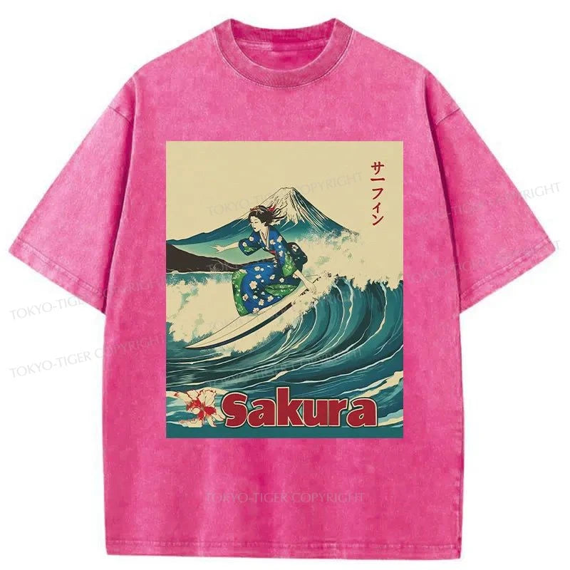 Tokyo-Tiger Geisha Surfing Washed T-Shirt